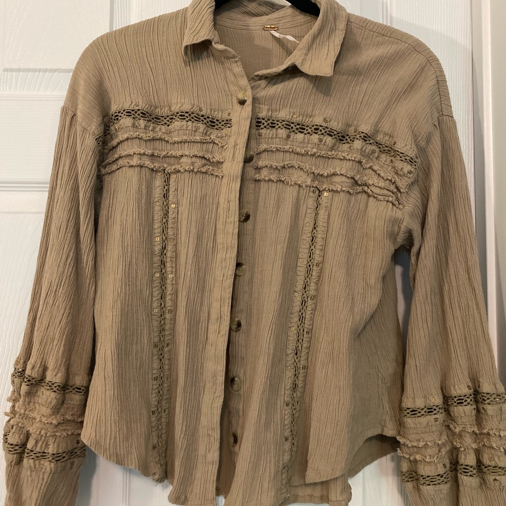 Free People Tan Button Down Shirt with Ruffled Accents and Dress Shirt Collar